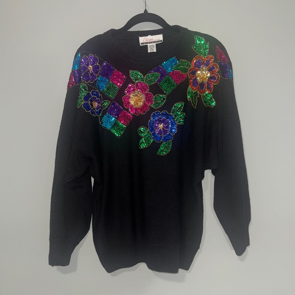 Vintage Diana Marco Black Sequin Floral Sweater Womens 22W Plus Size Retro 80s